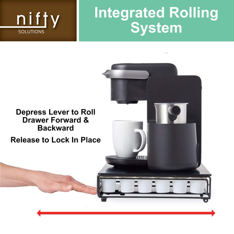 Nifty Solutions Nifty Rolling Coffee Pod Drawer - Glass Top & Chrome Finish, Compatible with K-Cups, 36 Pod Pack Holder, Compact Under Coffee Pot Storage Drawer, Slim Home Kitchen Counter Organizer - Image 5